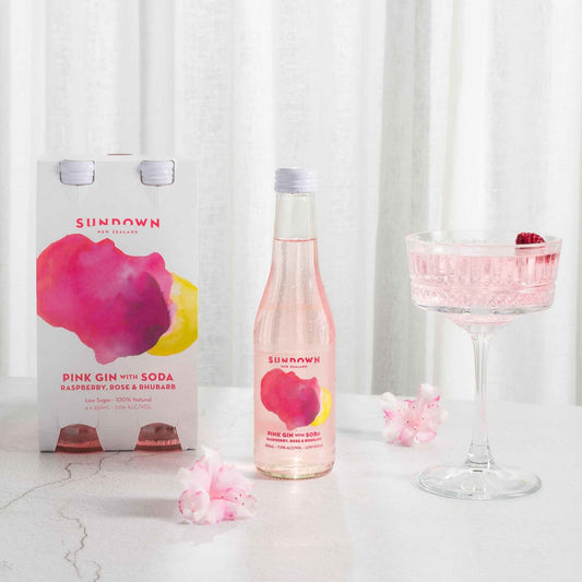 Sundown Pink Gin with Soda, Raspberry, Rose & Rhubarb 7% 4 Pack 250mL Bottles (New) (Supplier out of stock)